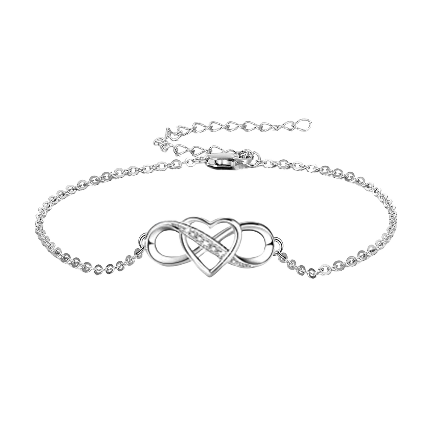 A sterling silver anklet with a central infinity symbol intertwined with a heart studded with American diamonds, on a white background.