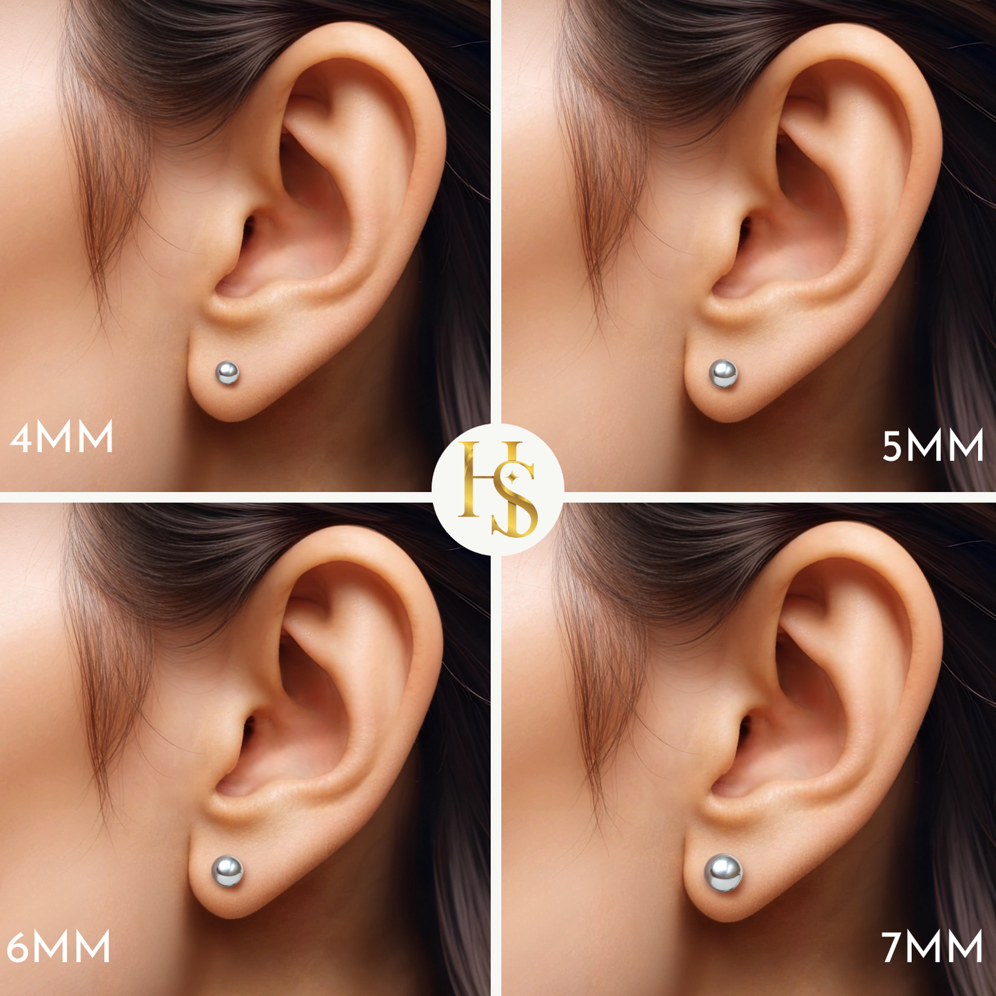 An infographic showing four different sizes of sterling silver ball stud earrings from 4mm to 7mm worn on the earlobe for comparison.