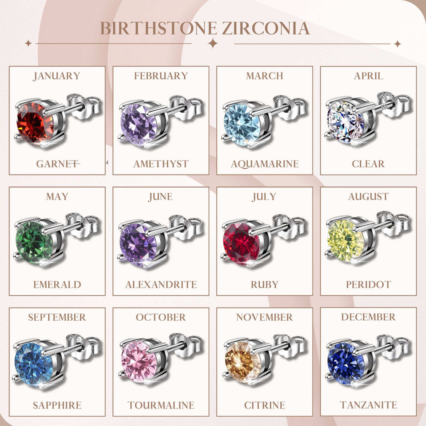 An infographic chart showing twelve sterling silver stud earrings with round.
