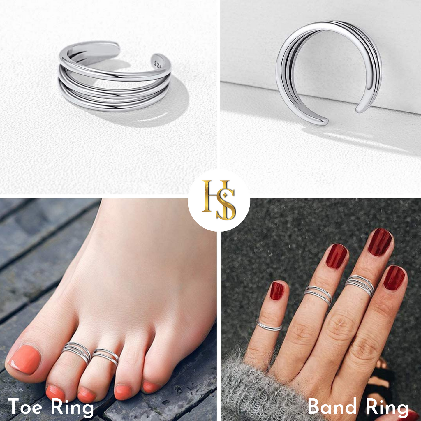 A four-panel collage shows a triple-band adjustable sterling silver ring on a white surface and worn as both a toe ring and a finger band.