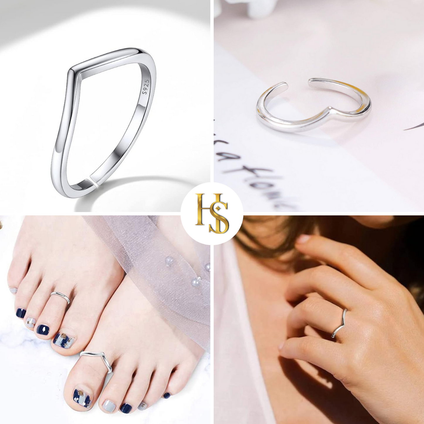 A collage shows a V-shaped adjustable sterling silver ring, worn as both a toe ring and a finger ring, and in product and lifestyle shots.