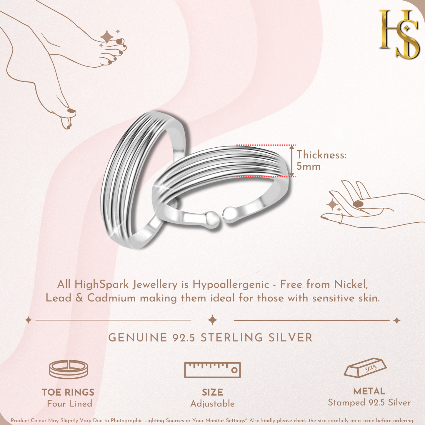 An infographic for a pair of adjustable sterling silver toe rings, showing their 5mm thickness and four-line band design.