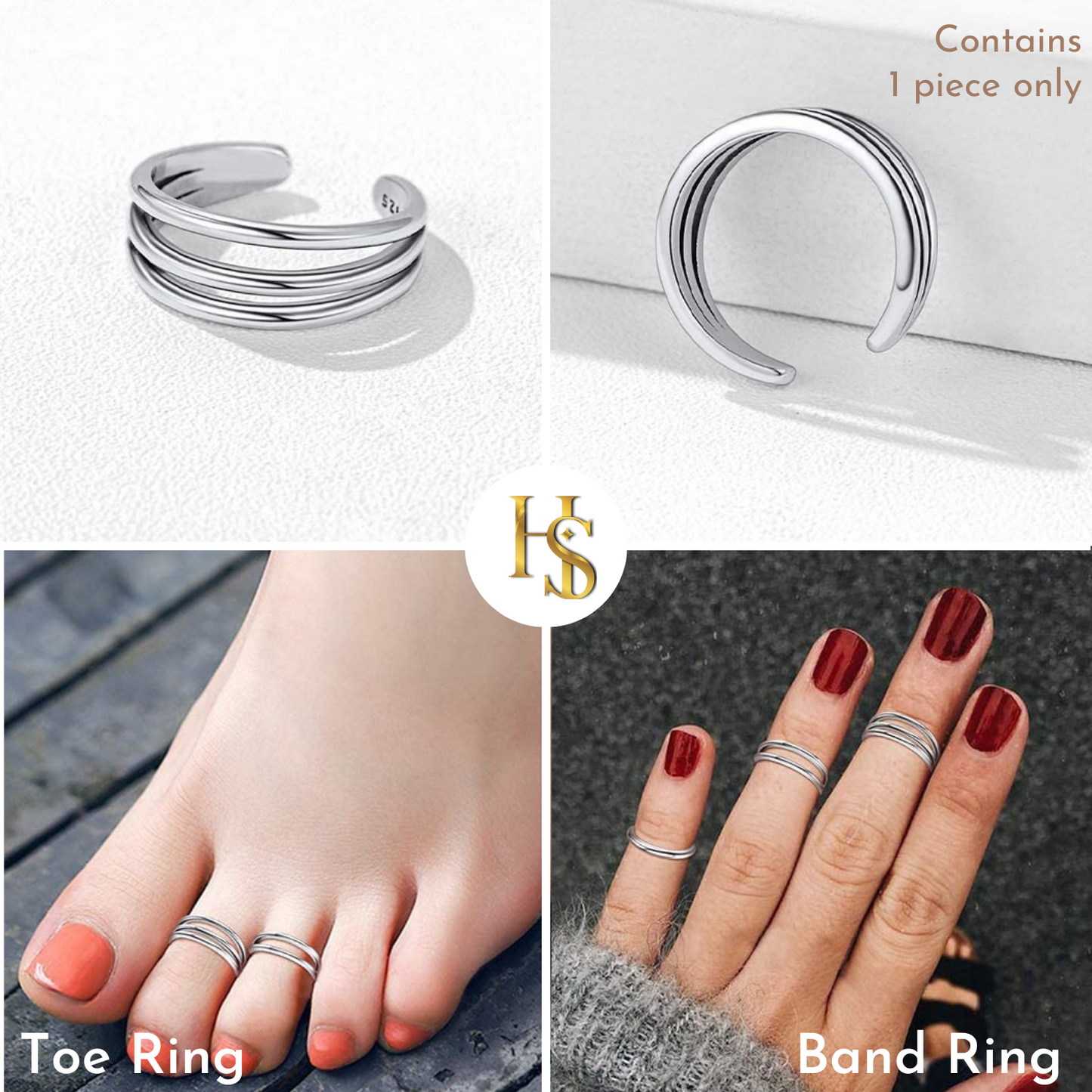 A four-panel infographic shows a sterling silver adjustable toe ring with a triple band design, worn on a toe and as a finger band ring.