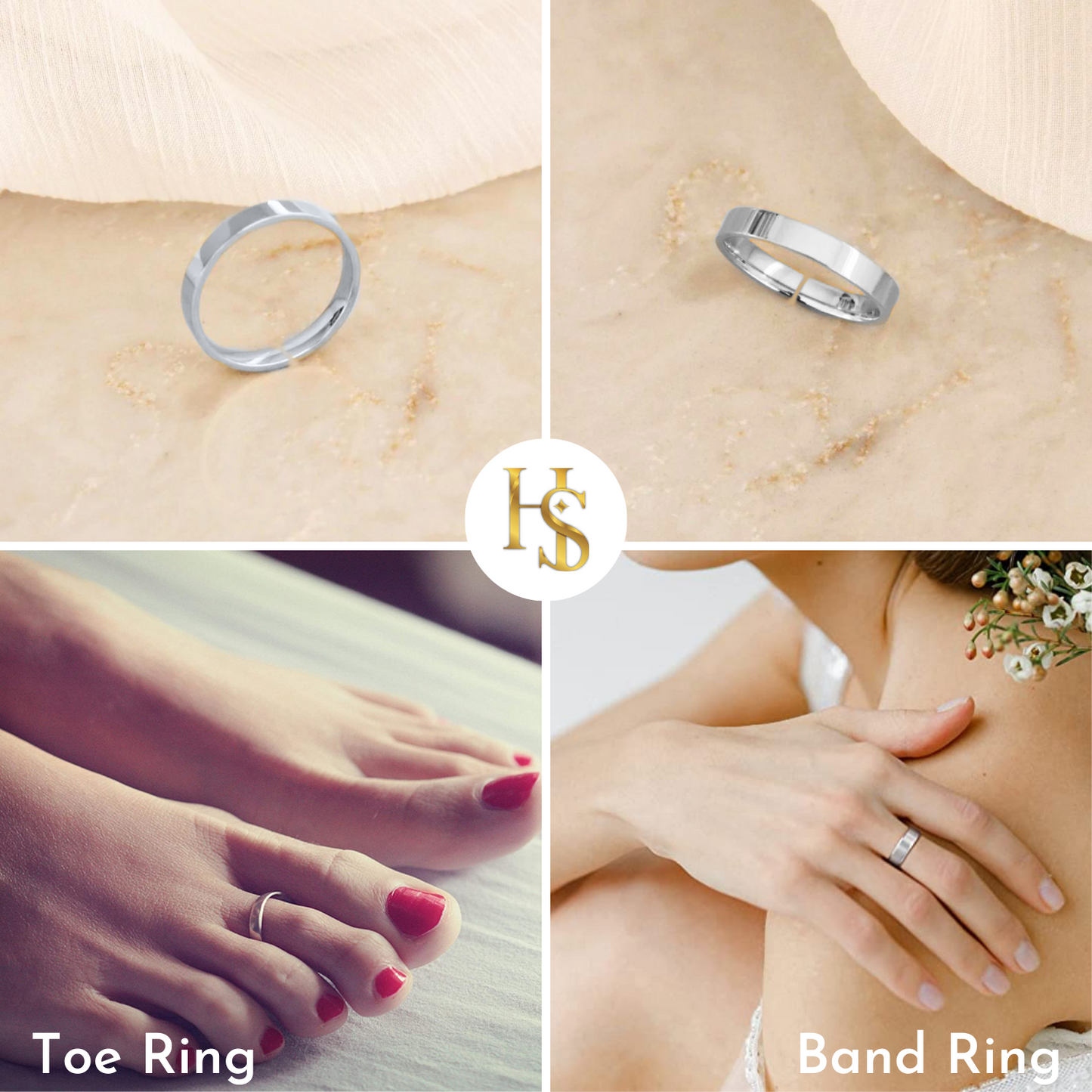 A four-panel image shows a versatile sterling silver adjustable band ring styled on a beige surface, worn as a toe ring.
