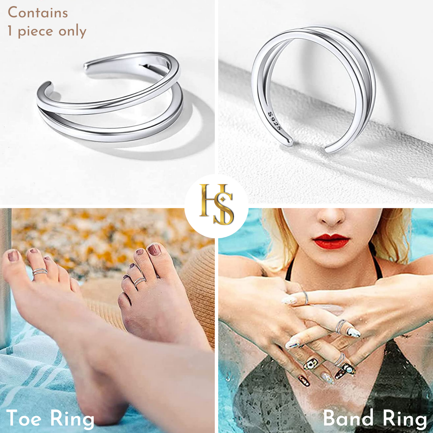 An adjustable double-band sterling silver toe ring shown on its own and worn on both a toe and a finger to demonstrate its versatility.