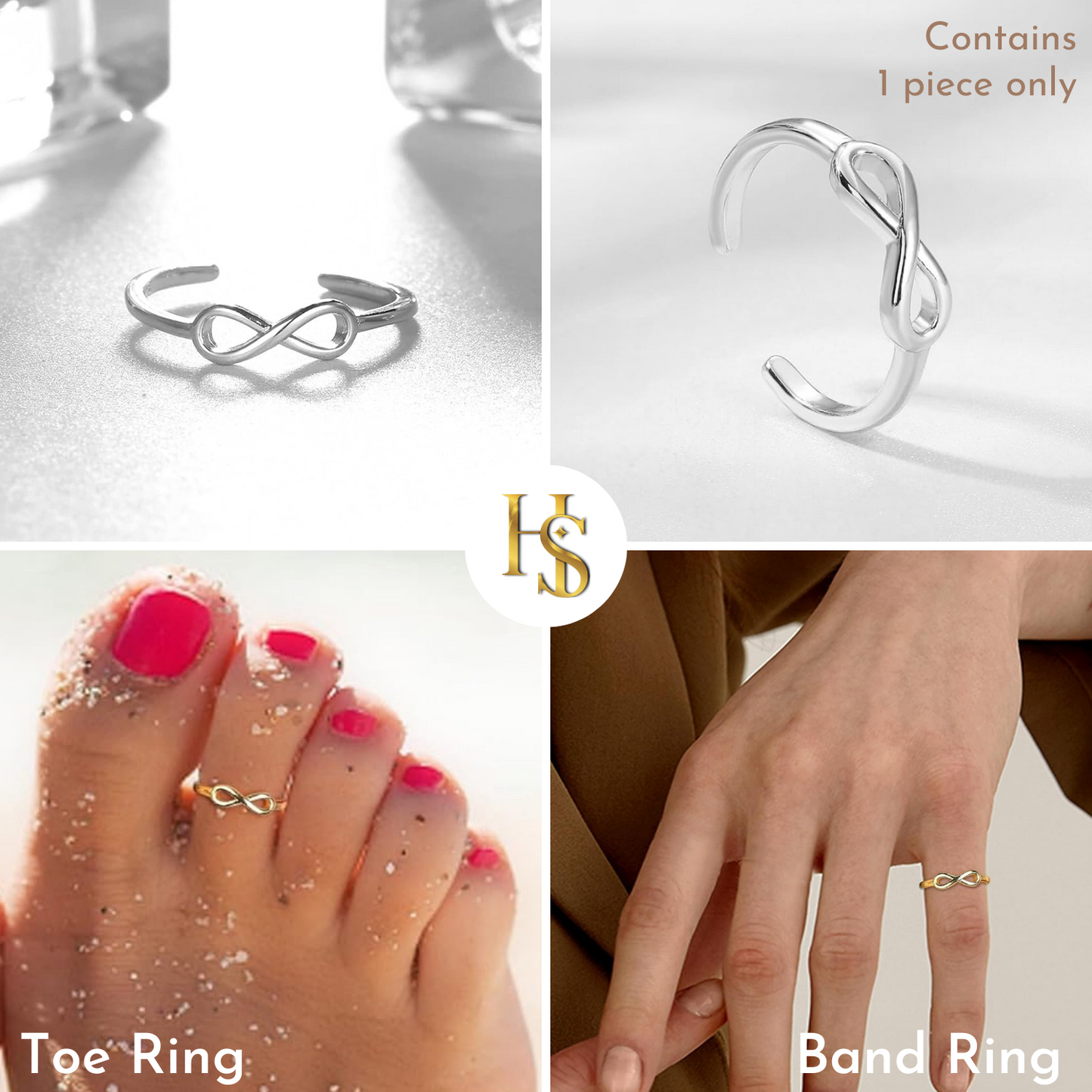 A four-panel image shows an infinity motif toe ring in sterling silver and gold-plated finishes, worn on a toe and as a band ring.