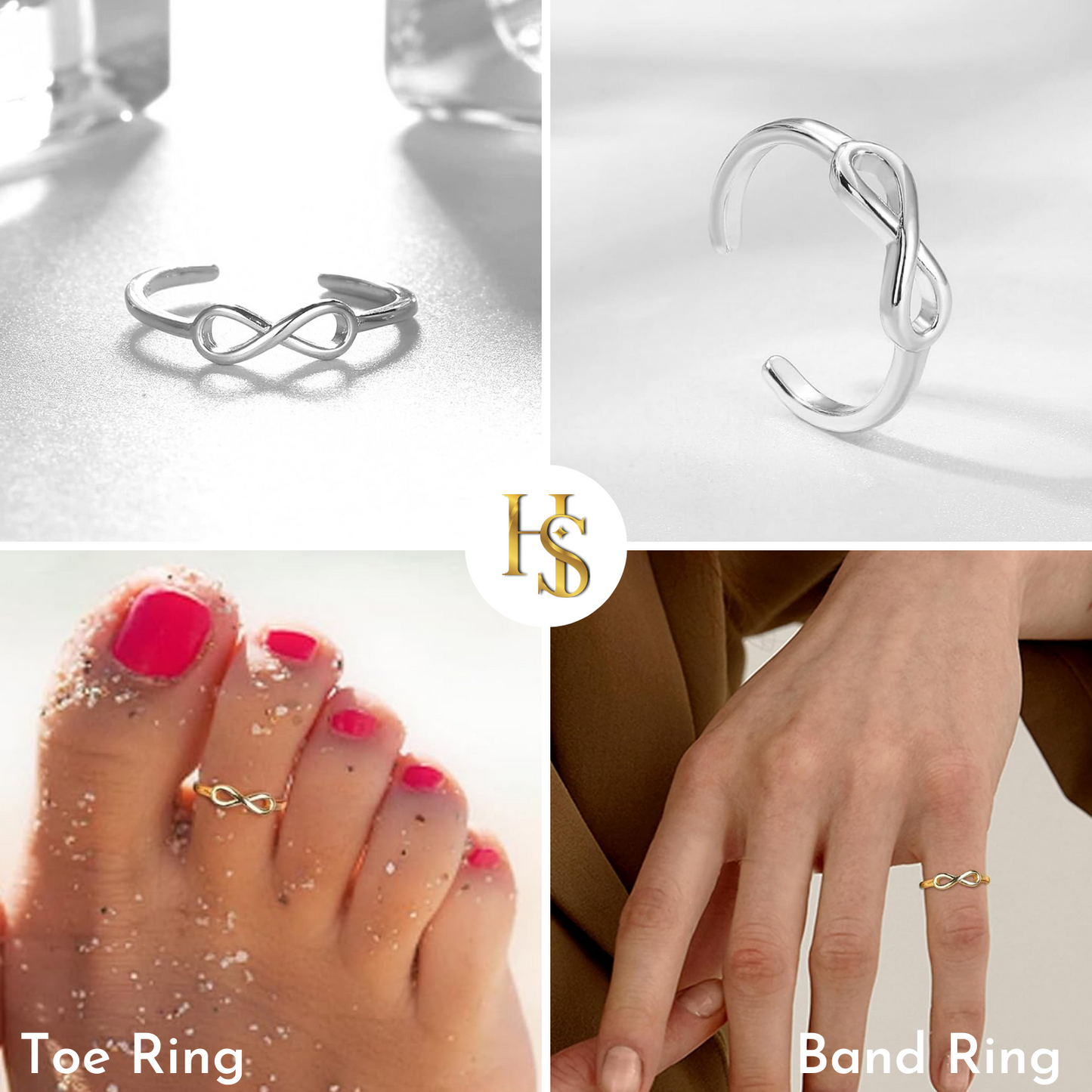 A collage showing an infinity-shaped adjustable ring in sterling silver and gold-plated finishes, worn as both a toe ring and a band ring.