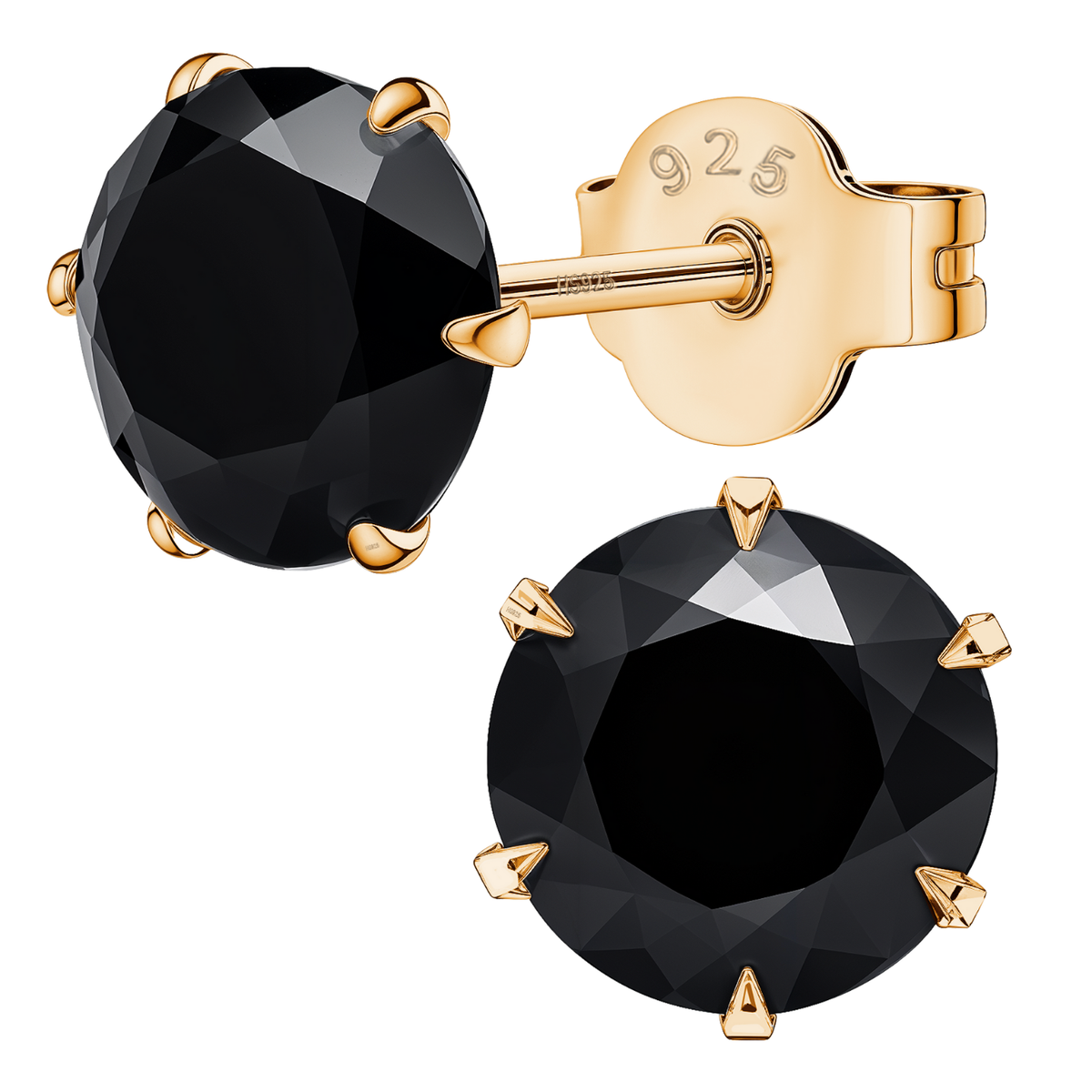 A pair of solitaire stud earrings with round-cut black American diamonds in a six-prong setting, made from gold-plated sterling silver.