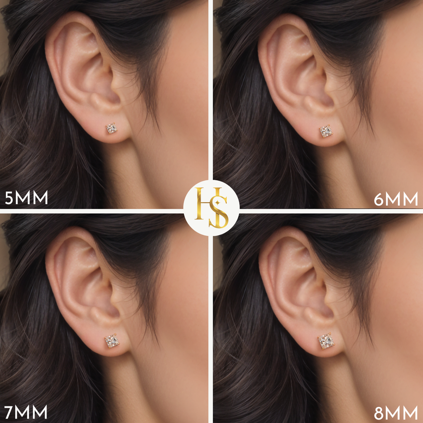 A four-panel infographic showing gold-plated stud earrings with square American diamonds in 5mm, 6mm, 7mm, and 8mm sizes worn on the ear.