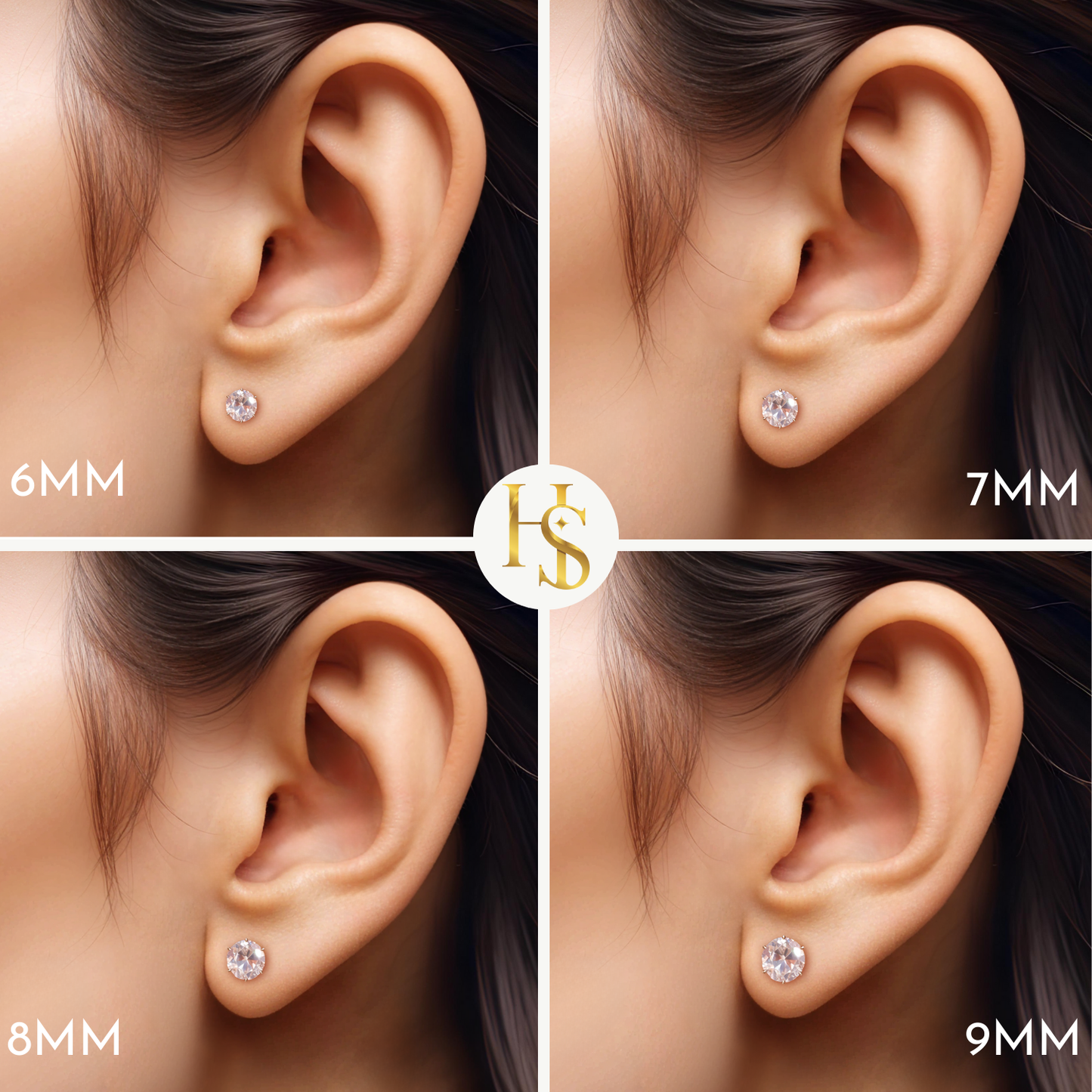 A size comparison chart showing four different sizes of round American diamond solitaire stud earrings worn on the ear: 6mm, 7mm, 8mm.