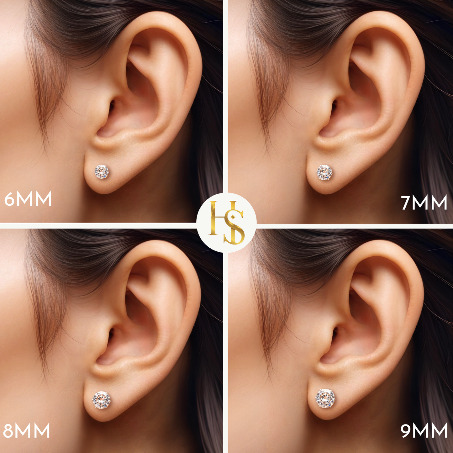 An infographic showing four sizes of round American diamond solitaire stud earrings from 6mm to 9mm worn on the ear for comparison.