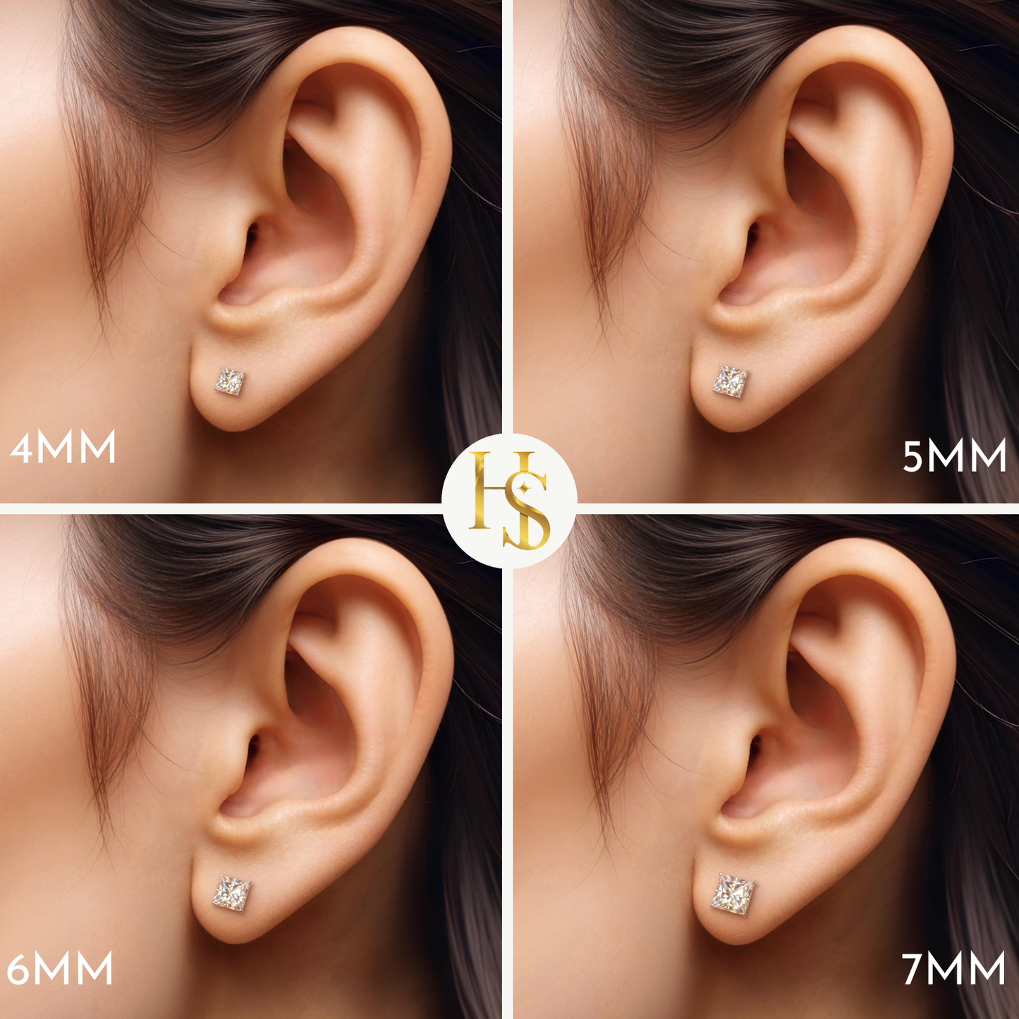 A size comparison infographic showing four princess-cut American diamond stud earrings from 4mm to 7mm worn on the ear.