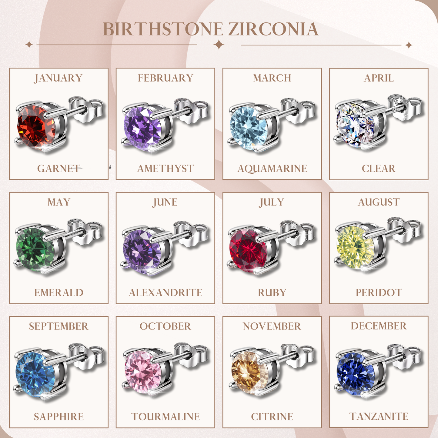 An infographic chart showing twelve round-cut birthstone American Diamond stud earrings in four-prong sterling silver settings.