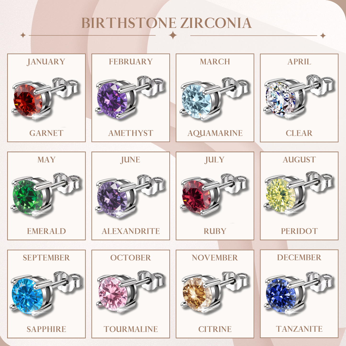 An infographic chart showing twelve pairs of sterling silver solitaire stud earrings.
