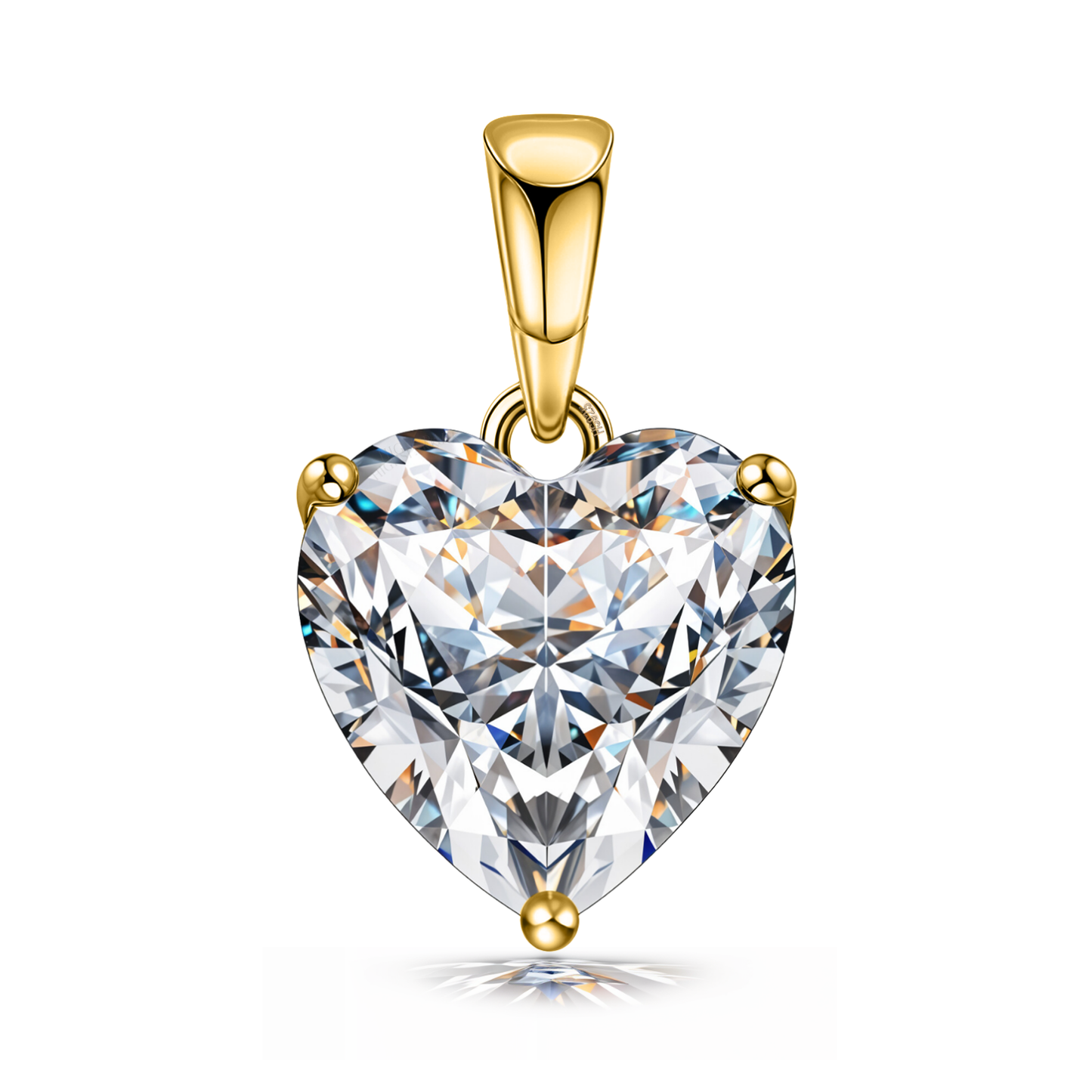 A heart-shaped solitaire pendant features a large American diamond in a three-prong setting with a gold-plated sterling silver finish.