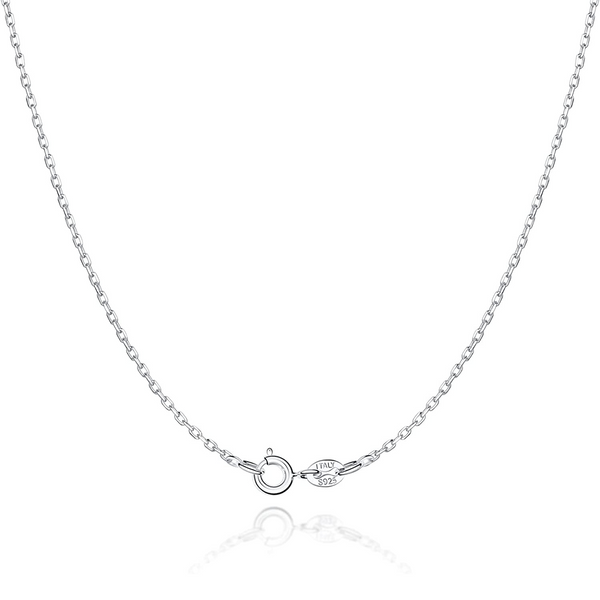A sterling silver cable link chain necklace with a spring ring clasp, shown on a plain white background with a soft reflection.