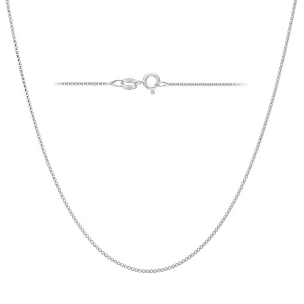 A sterling silver box chain necklace with a spring ring clasp.