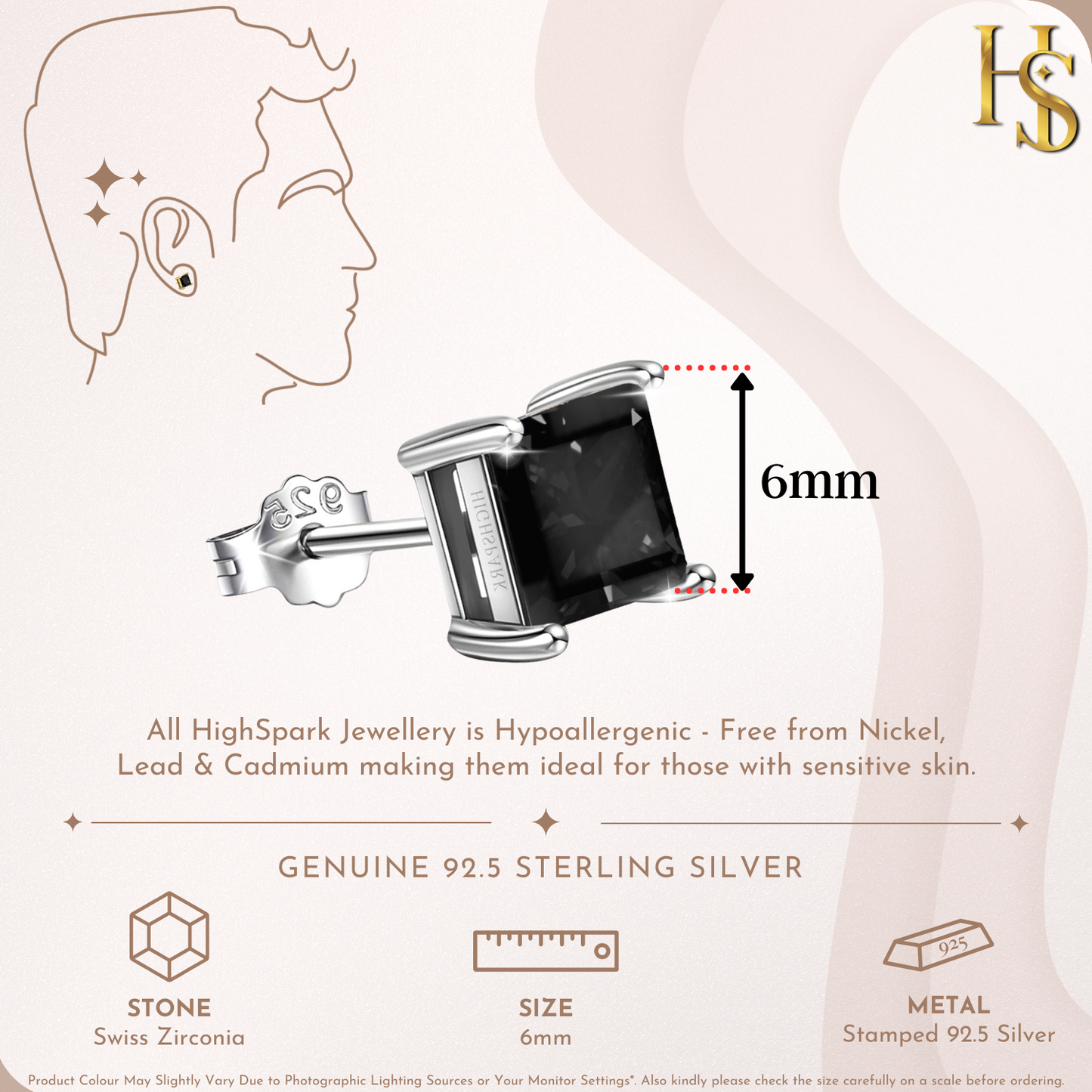 Mens Midnight Sparkling Square Stud embellished with Sparkling Zirconia