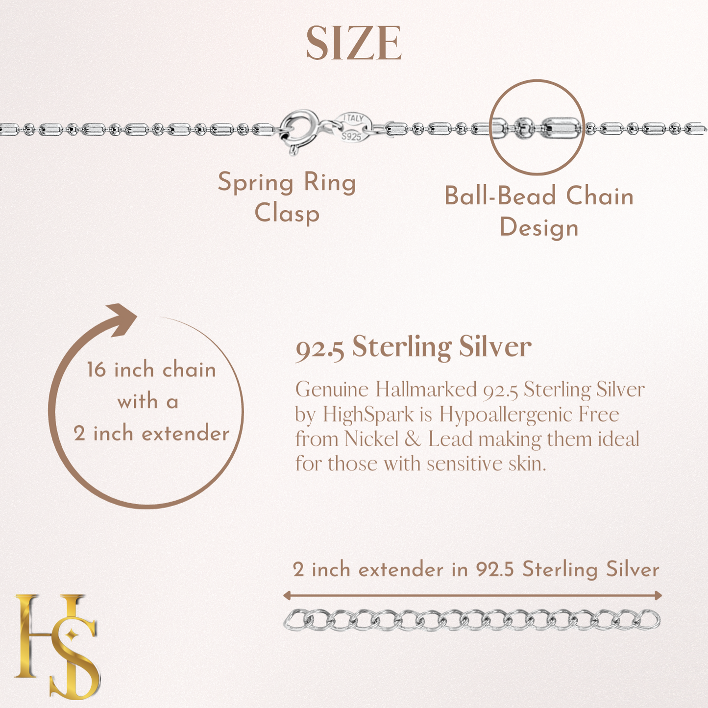 92.5 Sterling Silver, Ball-Bead Chain 16 inches + 2 inch extension