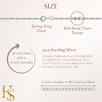 92.5 Sterling Silver, Ball-Bead Chain 16 inches + 2 inch extension