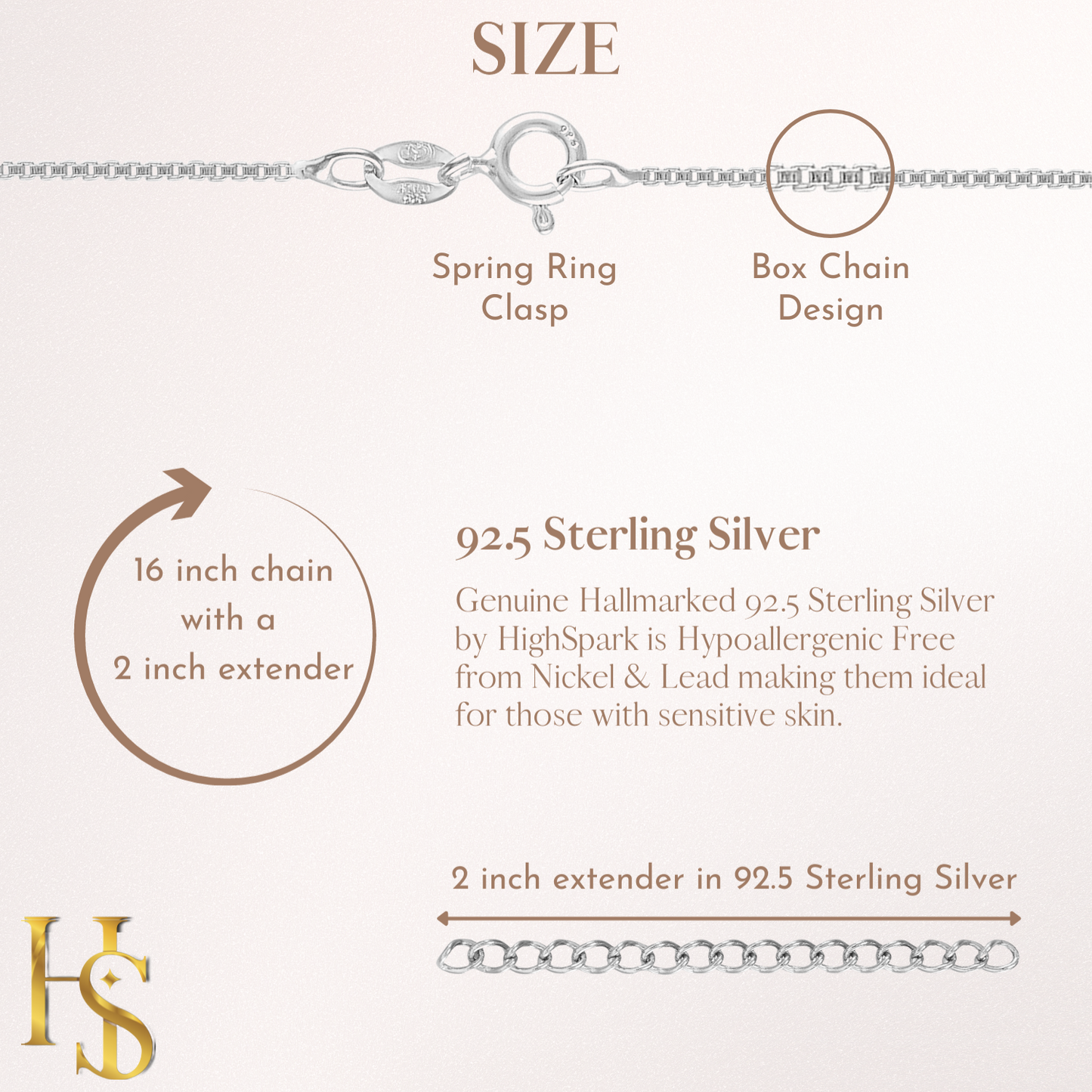 92.5 Sterling Silver, Box Chain 16 inches + 2 inch extension