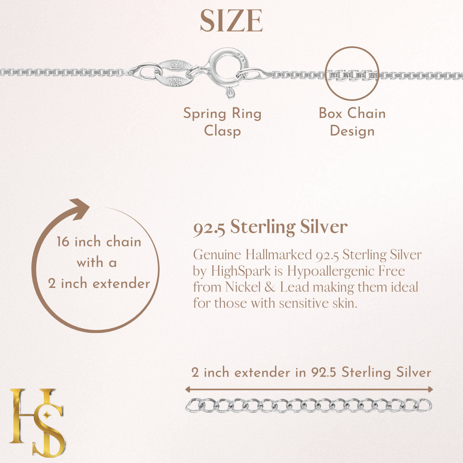 92.5 Sterling Silver, Box Chain 16 inches + 2 inch extension HighSpark