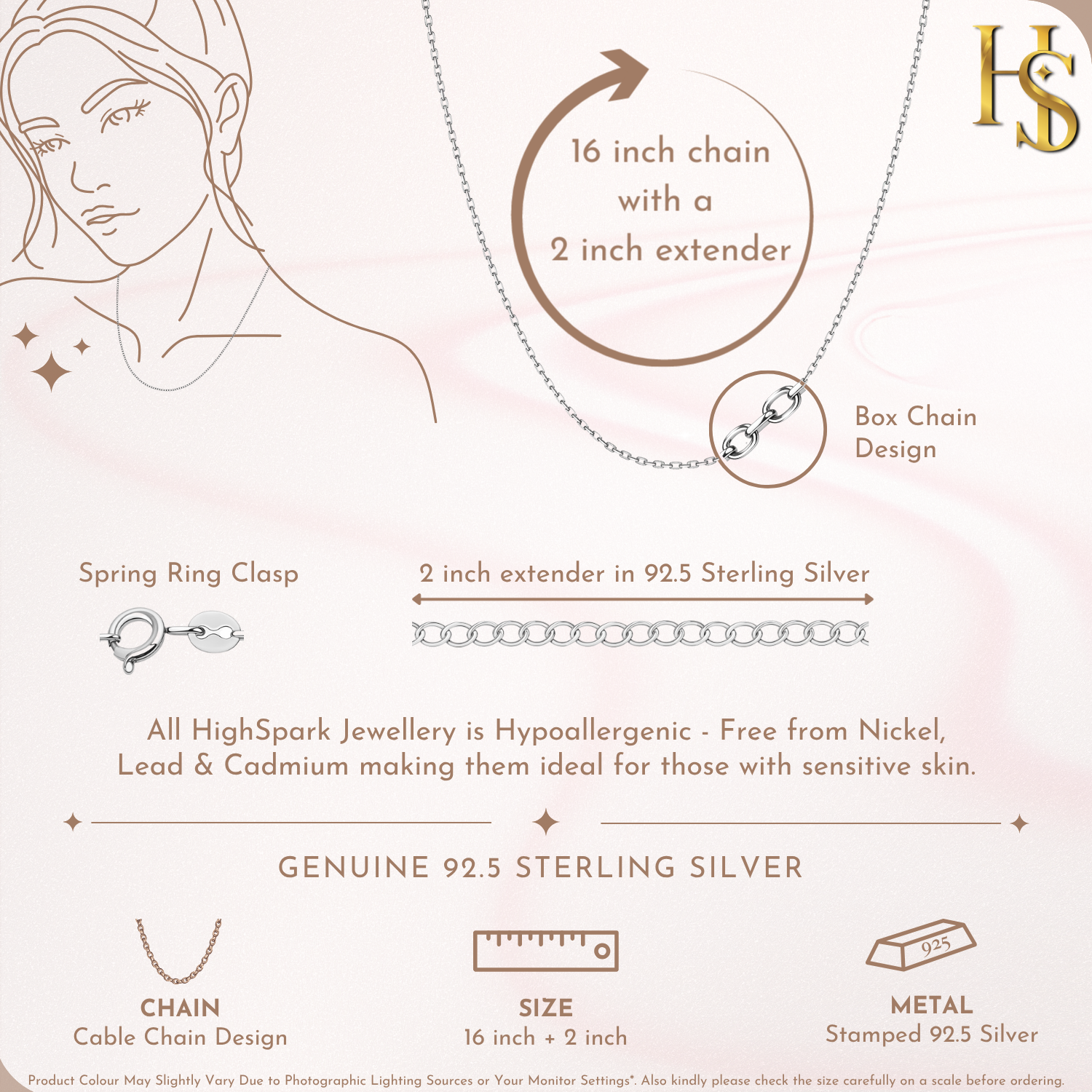 92.5 Sterling Silver, Cable Chain for women HighSpark