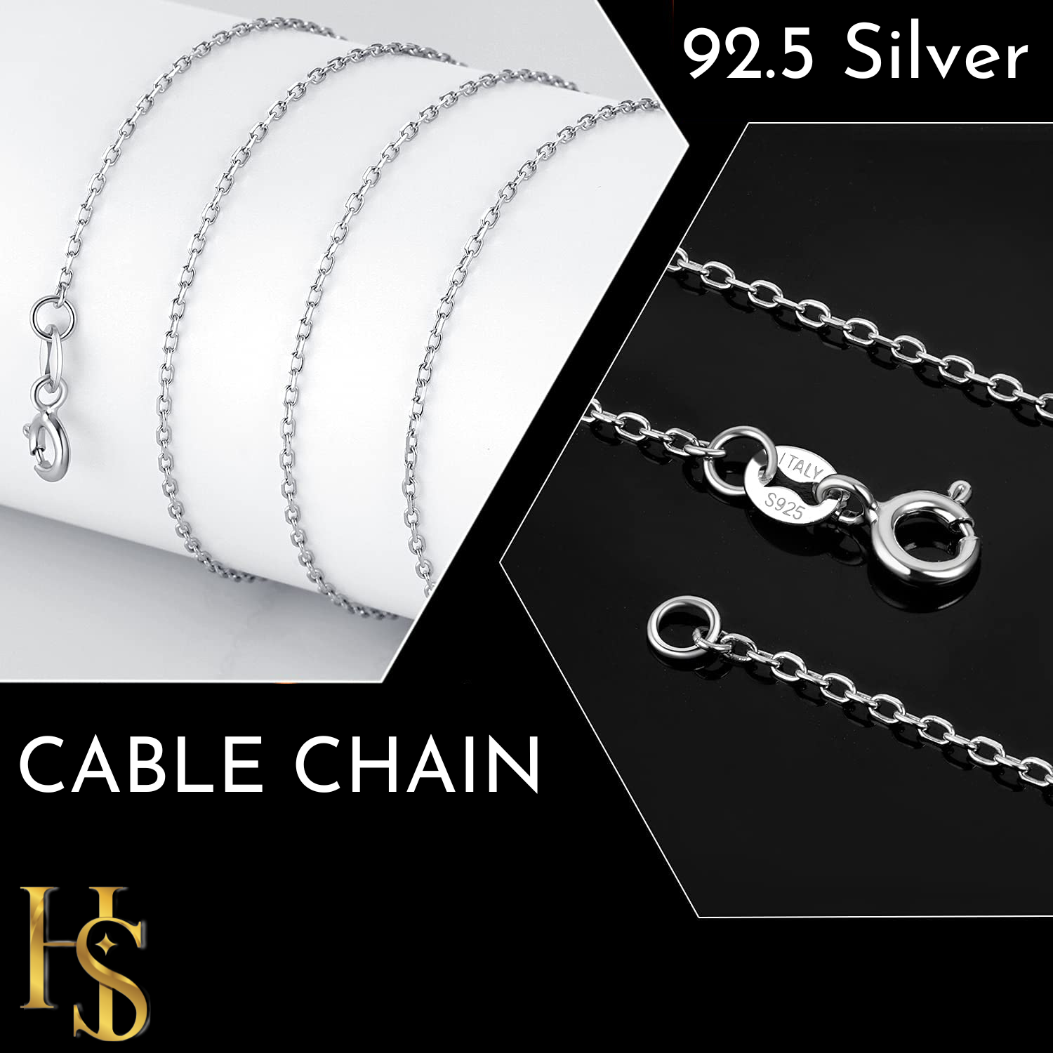 92.5 Sterling Silver, Cable Link Chain 16 inches + 2 inch extension HighSpark