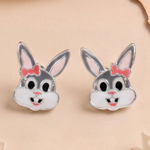 Silver enamel bunny stud earrings for kids - enamel category