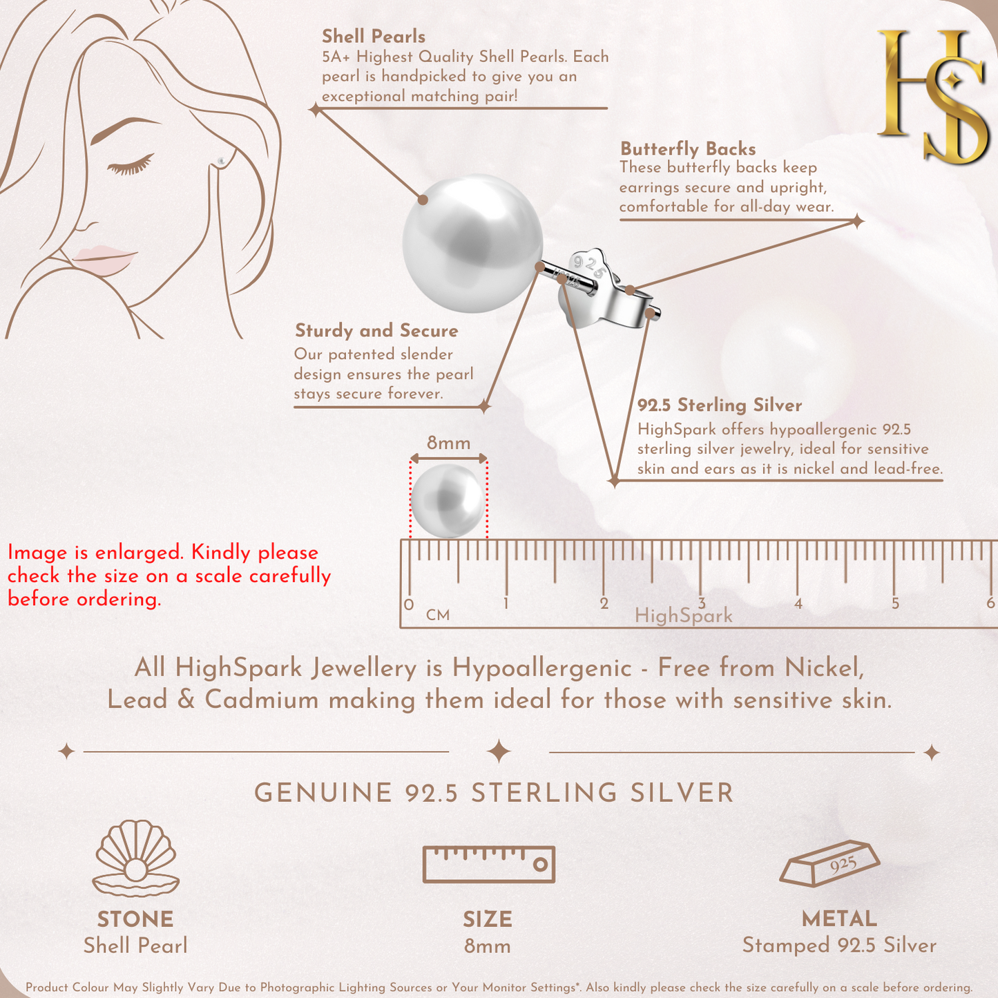 An infographic showing the features of shell pearl stud earrings, including the 8mm size on a ruler, butterfly backs.