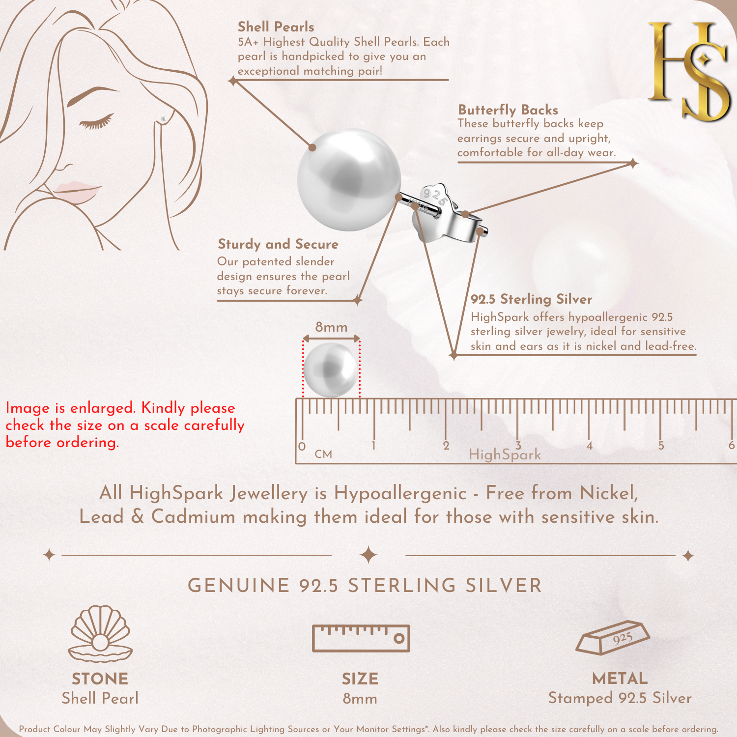 An infographic showing the features of shell pearl stud earrings, including the 8mm size on a ruler, butterfly backs.