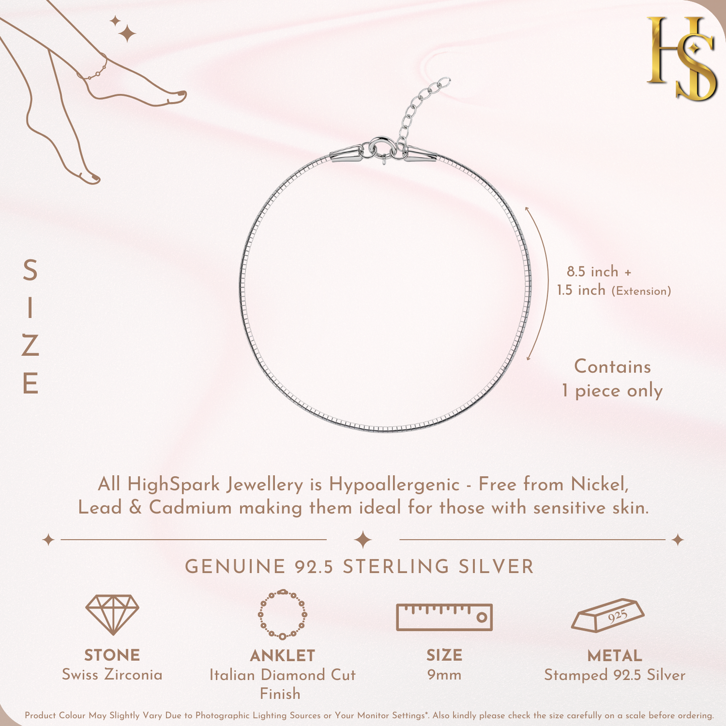 Mirror Finish Snake Chain Anklet in 925 Sterling Silver For Women