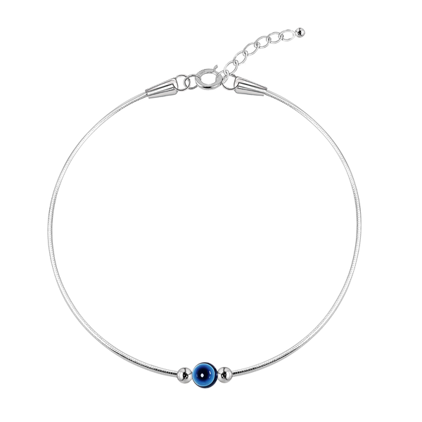 An evil eye anklet with a central blue bead on a sterling silver snake chain, shown on a white background.