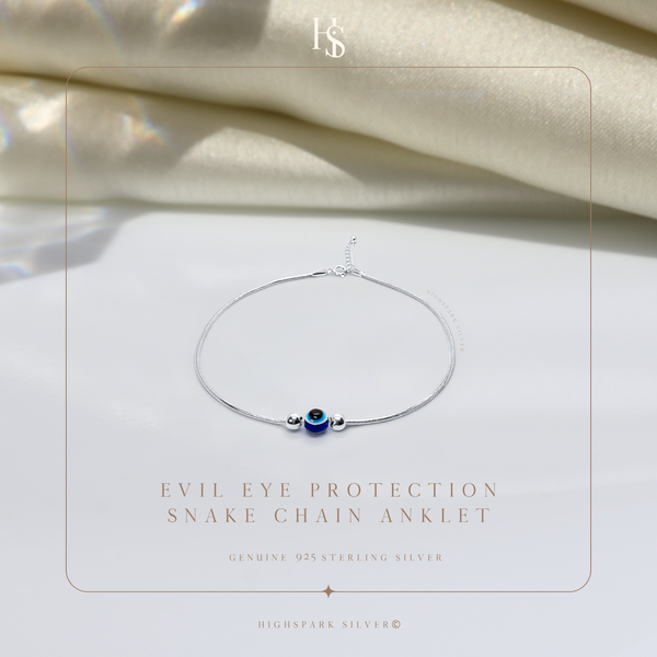 Evil Eye Protection Snake Chain Anklet in 925 Sterling Silver For Women