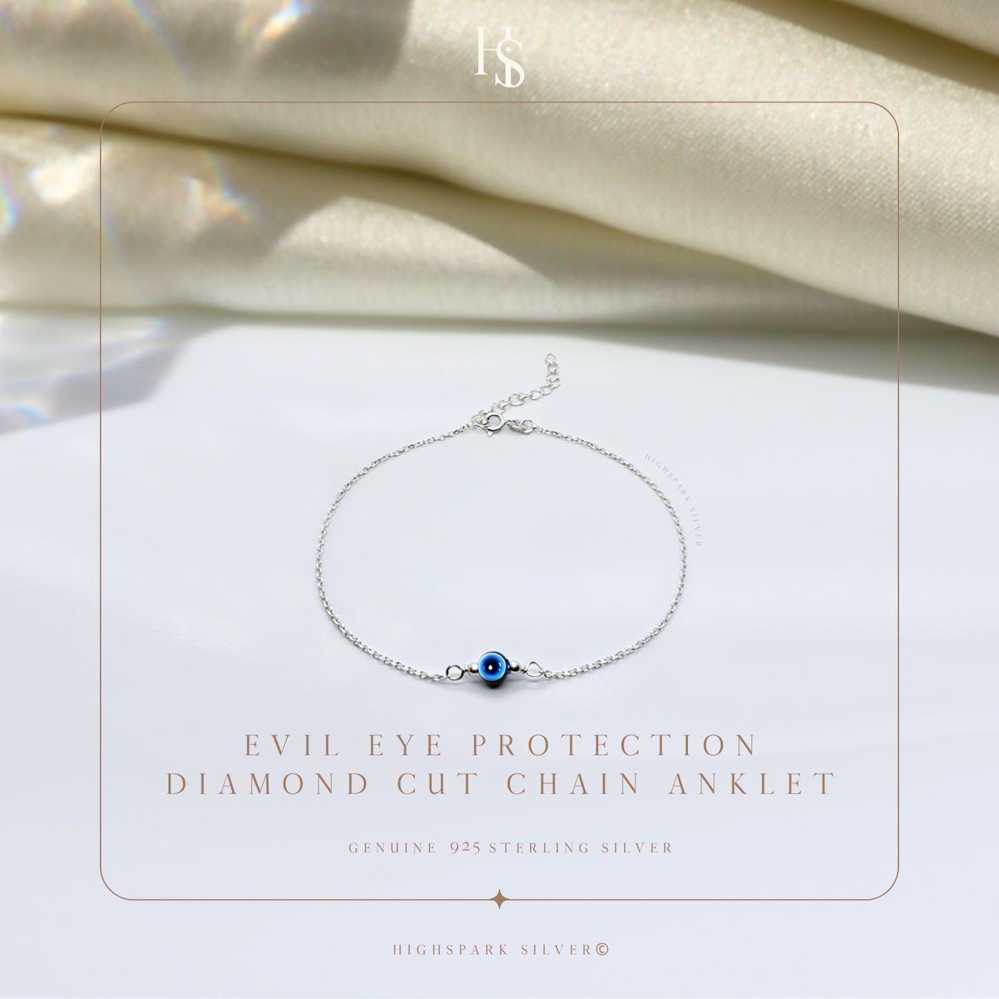 Evil Eye Protection Diamond Cut Chain Anklet in 925 Sterling Silver For Women