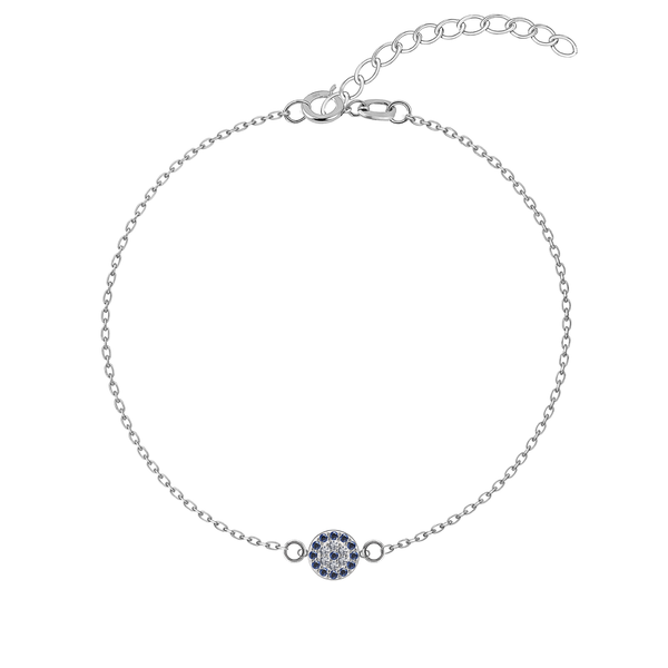 A sterling silver anklet with a round evil eye charm featuring blue and clear American diamonds, shown on a white background.
