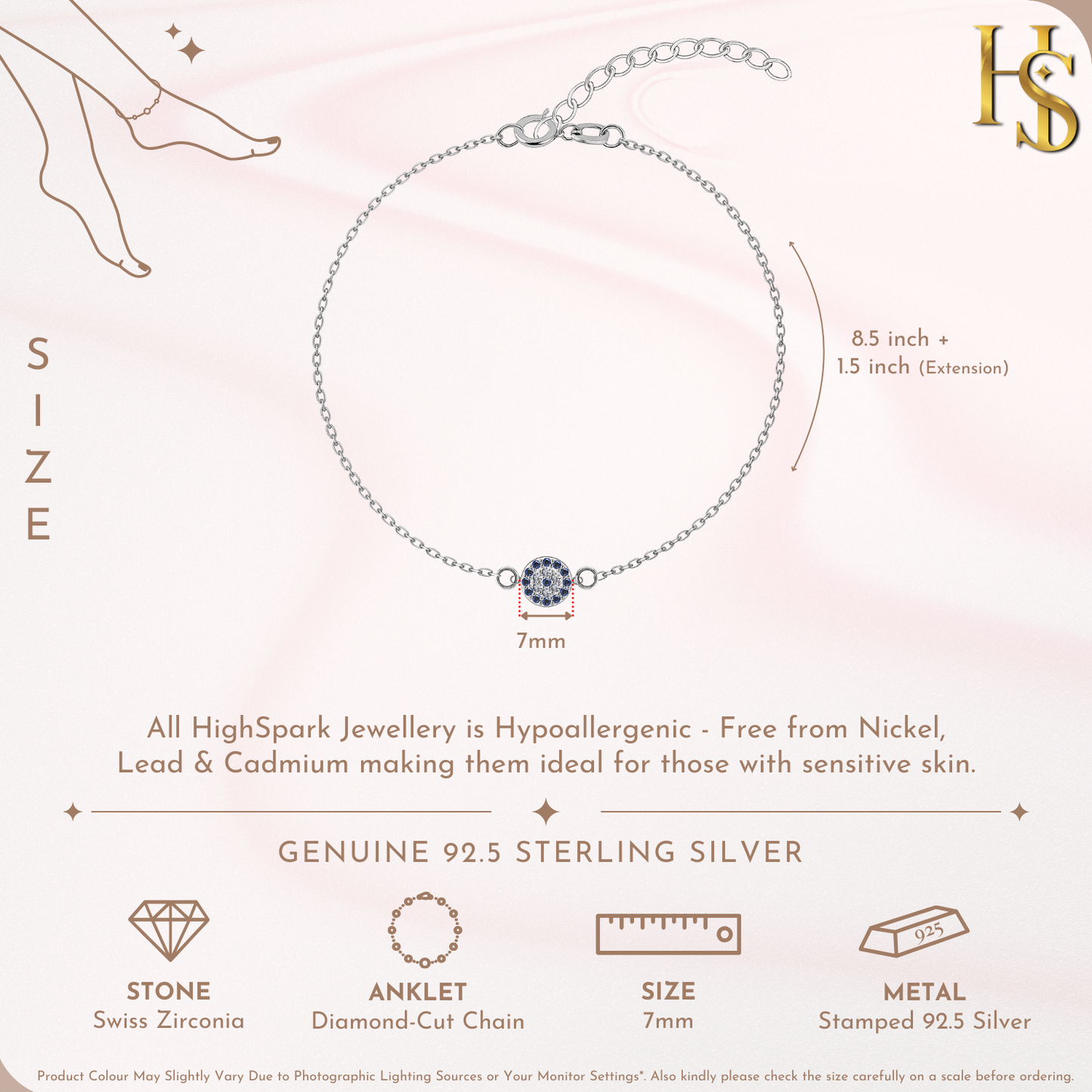 Dark Blue Sparkling Evil Eye Protection Anklet in 925 Sterling Silver For Women