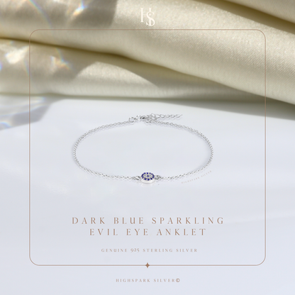Dark Blue Sparkling Evil Eye Protection Anklet in 925 Sterling Silver For Women