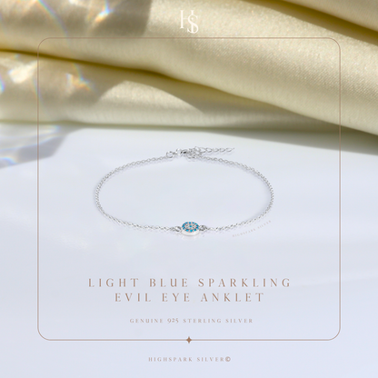 Light Blue Sparkling Evil Eye Anklet in 925 Sterling Silver For Women