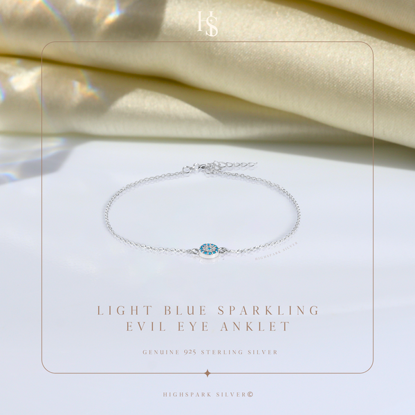 Light Blue Sparkling Evil Eye Anklet in 925 Sterling Silver For Women