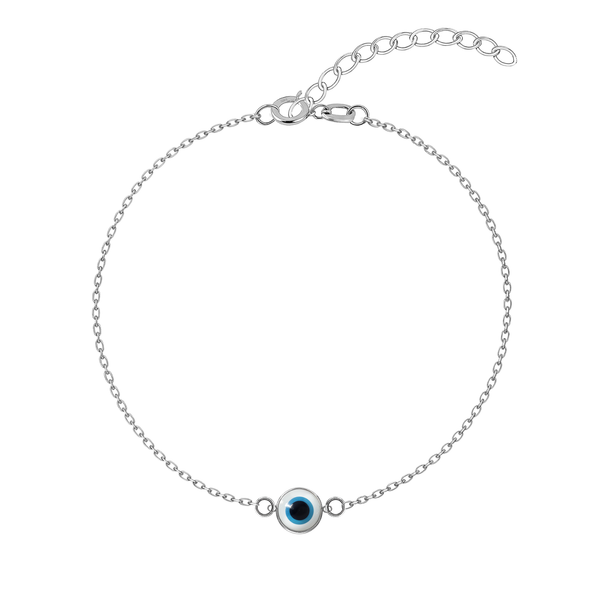 A sterling silver anklet with a central round white and blue evil eye charm on a delicate chain, shown on a white background.