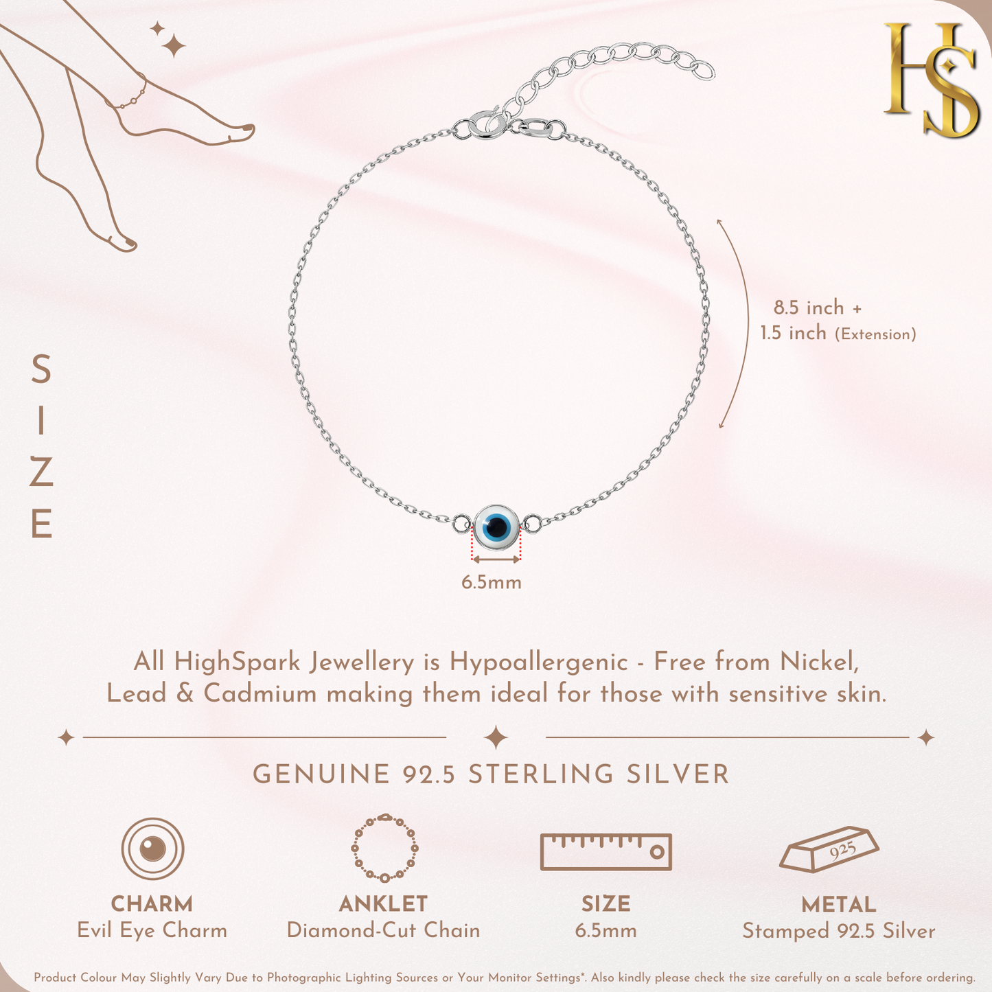 White Classis Evil Eye Anklet in 925 Sterling Silver For Women