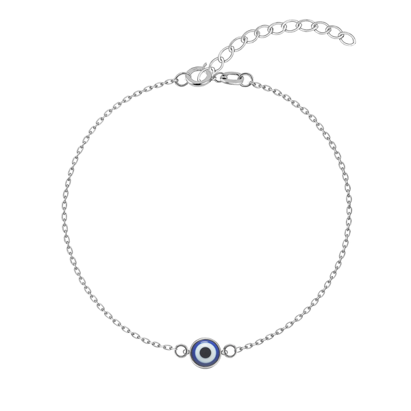 A sterling silver anklet with a central, round, dark blue enamel evil eye charm on a delicate chain, shown on a white background.