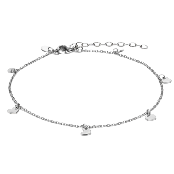A sterling silver anklet with a delicate chain and small, dangling heart charms, shown on a plain white background.