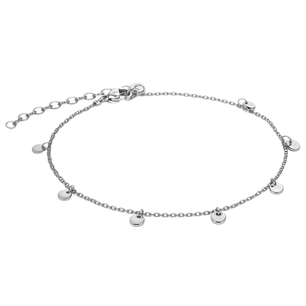 A sterling silver anklet with a delicate chain and small, dangling circular disc charms, shown on a white background.