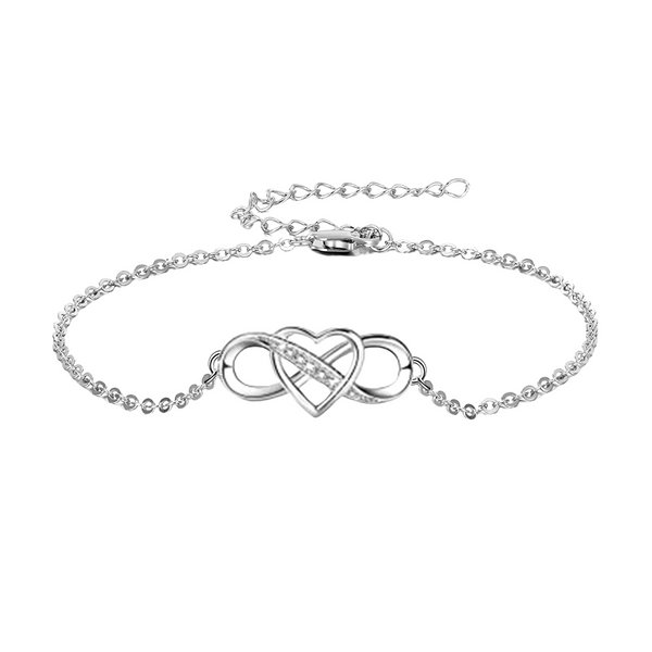 A sterling silver anklet with a central infinity symbol intertwined with a heart studded with American diamonds, on a white background.