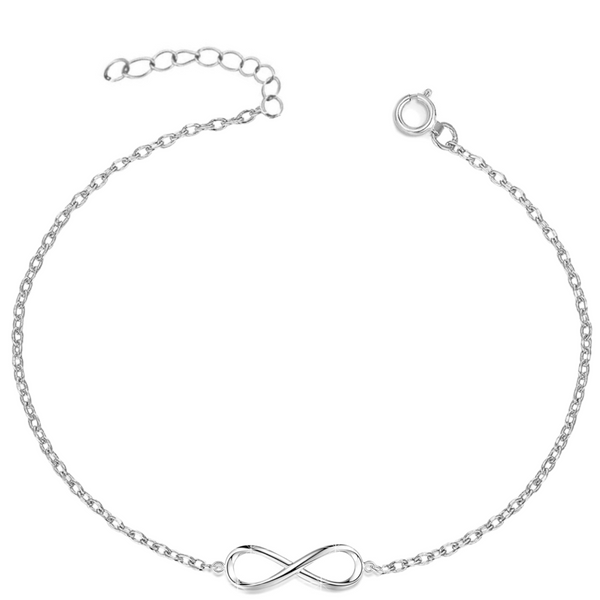 A sterling silver anklet with a central infinity symbol on a delicate chain, shown on a white background.