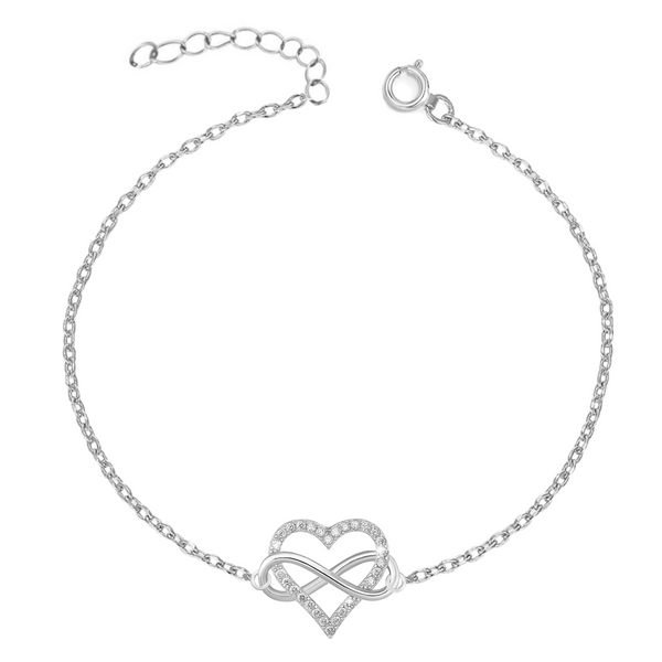 A sterling silver anklet with a central heart and infinity motif studded with pavé-set American diamonds, on a white background.
