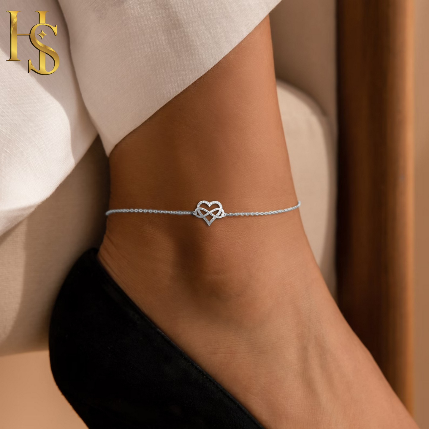 Studded Heart Infinity Anklet in 925 Sterling Silver With Diamond like Brilliance Sparkling Zirconia