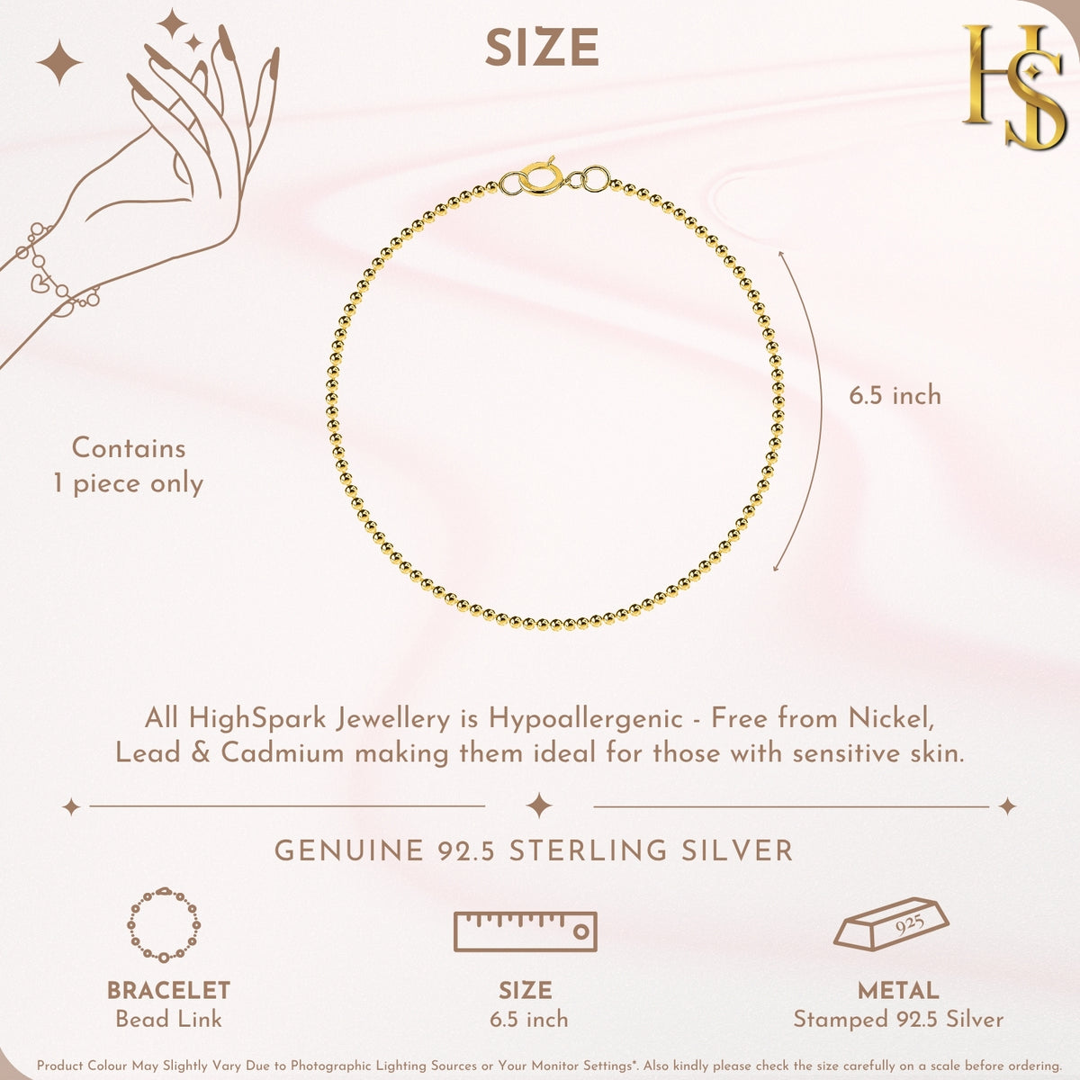 Ball Chain Bracelet For Women in 925 Sterling Silver with 18k Gold Finish